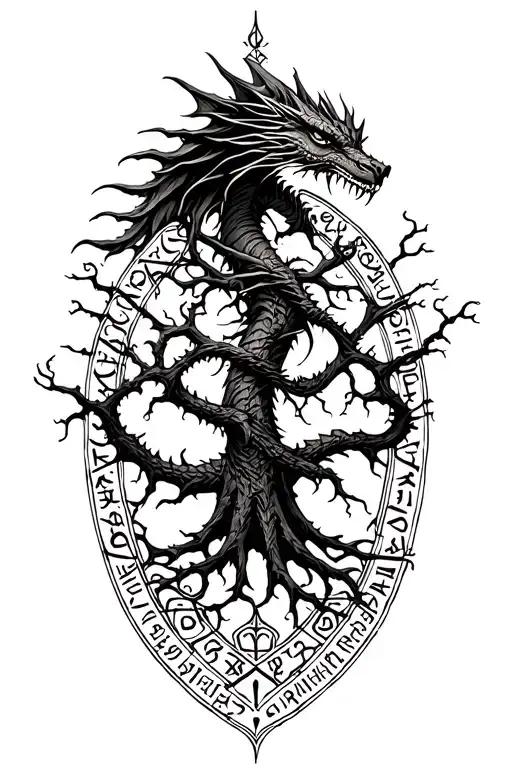 Nordic Tree Of Life With A Nordic Dragon Wrapped Around And Runes Surrounding It