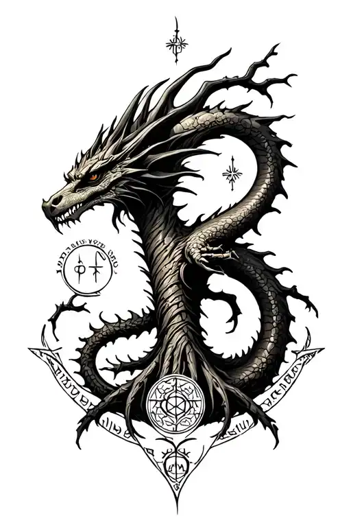 Nordic Tree Of Life With A Nordic Dragon Wrapped Around And Runes Surrounding It