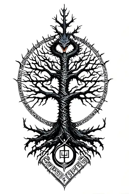 Nordic Tree Of Life With A Nordic Dragon Wrapped Around And Runes Surrounding It