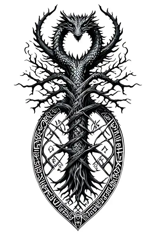 Nordic Tree Of Life With A Nordic Dragon Wrapped Around And Runes Surrounding It