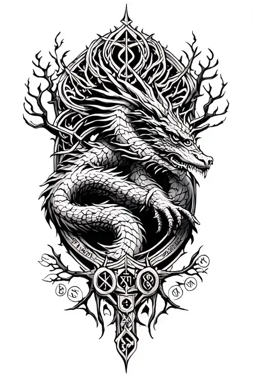 Nordic Tree Of Life With A Nordic Dragon Wrapped Around And Runes Surrounding It