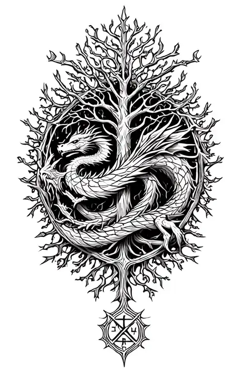 Nordic Tree Of Life With A Nordic Dragon Wrapped Around And Runes Surrounding It