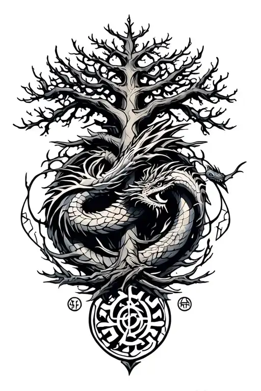 Nordic Tree Of Life With A Nordic Dragon Wrapped Around And Runes Surrounding It