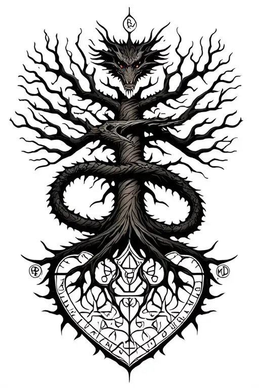 Nordic Tree Of Life With A Nordic Dragon Wrapped Around And Runes Surrounding It