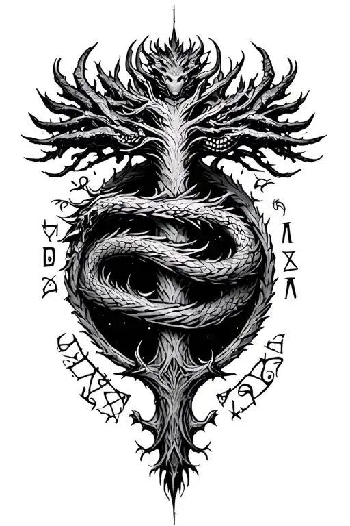 Nordic Tree Of Life With A Nordic Dragon Wrapped Around And Runes Surrounding It