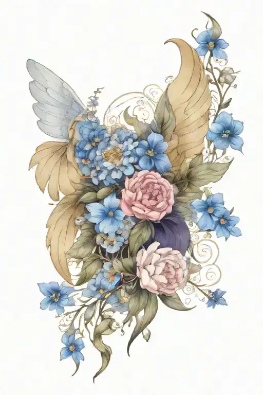 Angel Wings Surrounded By Larkspur And Peony Flowers