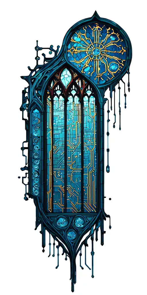 Stain Glass Cathedral Window Incorporating Elements Of Circuit Boards