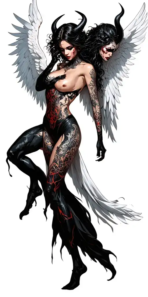 1 Sexy Female Angel In White Fighting 1 Sexy Female Demon In Black