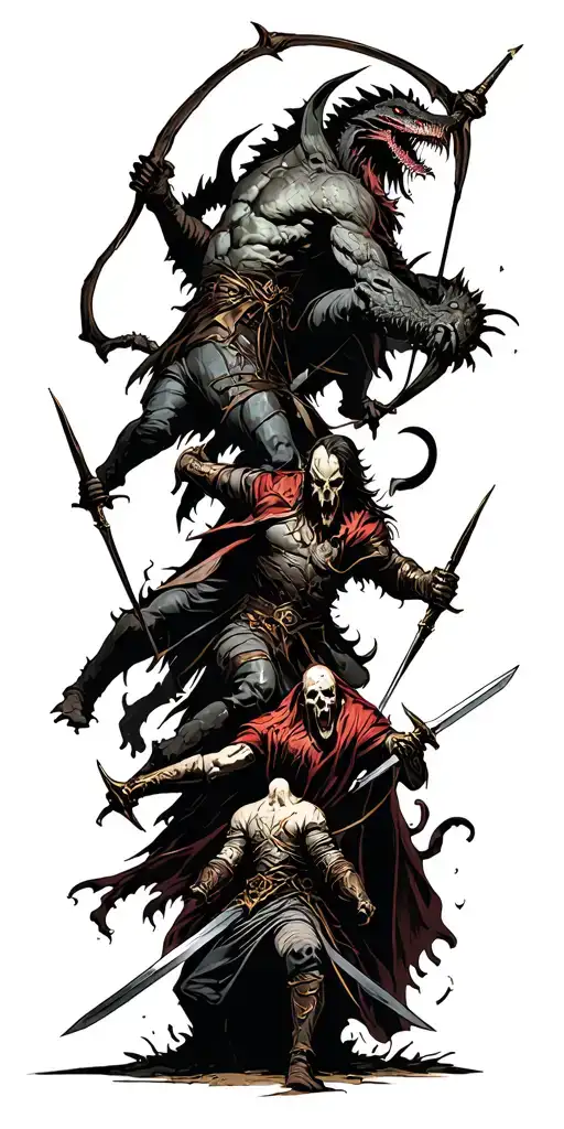 Human Heroes Fighting Monsters In Battle Scene With Bows And Swords