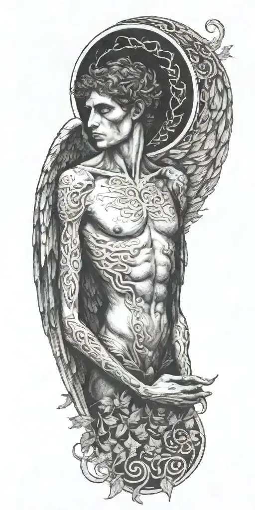 Skinny Lucifer Franz Von Stuck With Wings Surrounded By Celtic Leaves