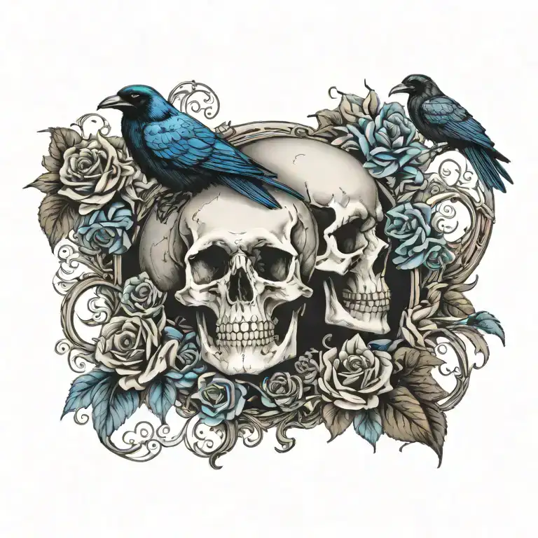 Moon And Raven Perched On A Skull With Blue Roses