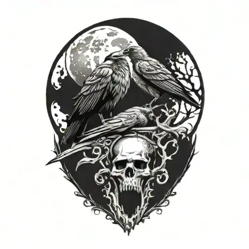 Moon And Raven Perched On A Skull
