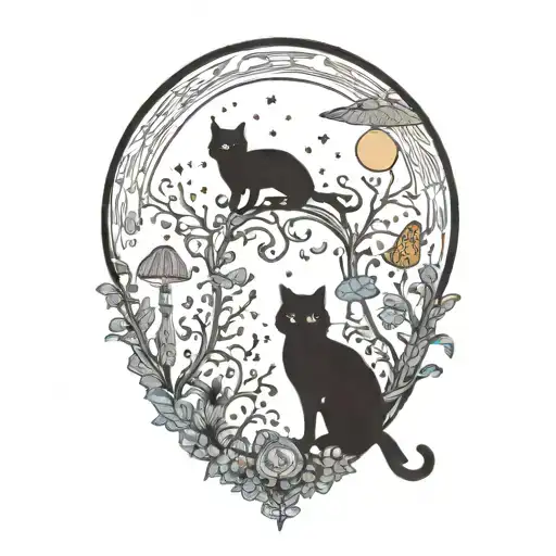 Moon With Black Witch Cat And Colorful Mushrooms Growing