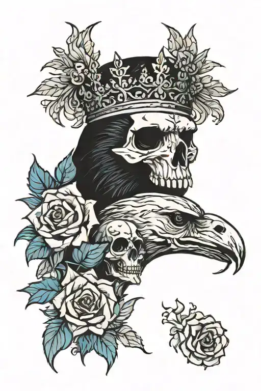 Raven Wearing Crown With Blue Rose And Skull