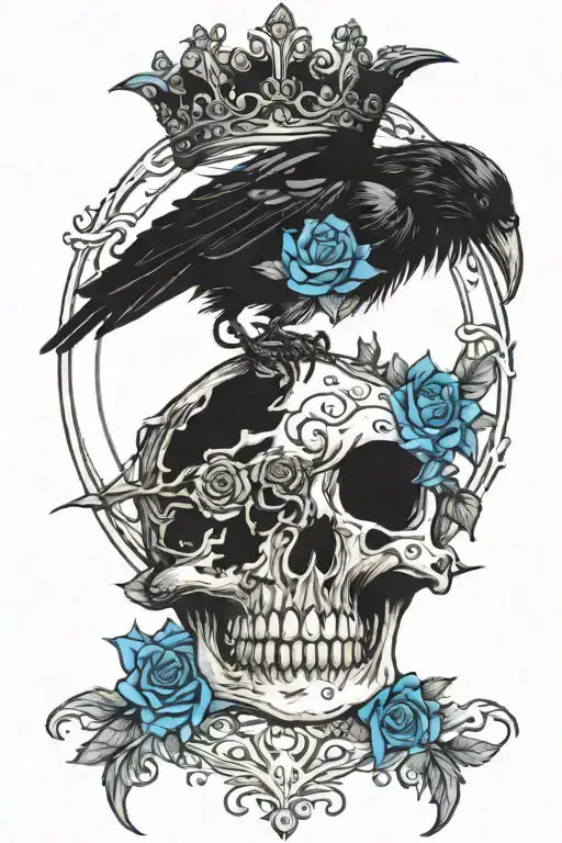 Raven Wearing Crown With Blue Rose And Skull