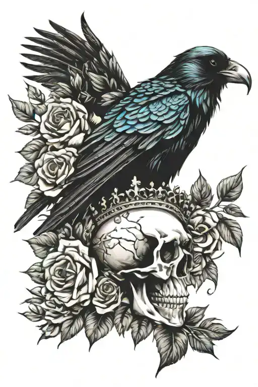Raven Wearing Crown With Blue Rose And Skull