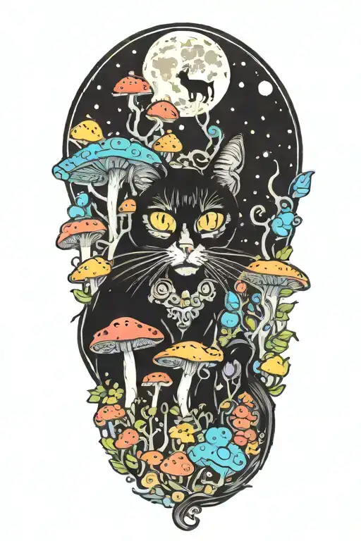 Black Cat With 3 Eyes And Trippy Colorful Mushrooms With Moon Melting