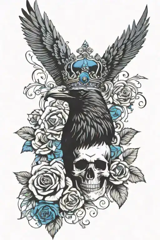 Raven Wearing Crown With Blue Rose And Skull