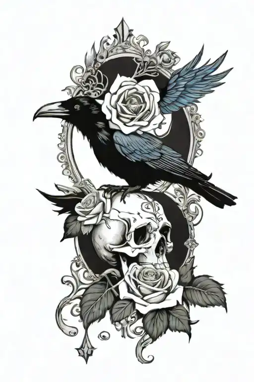 Raven Wearing Crown With Blue Rose And Skull