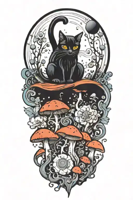 Black Cat With 3 Eyes And Trippy Colorful Mushrooms With Moon Melting