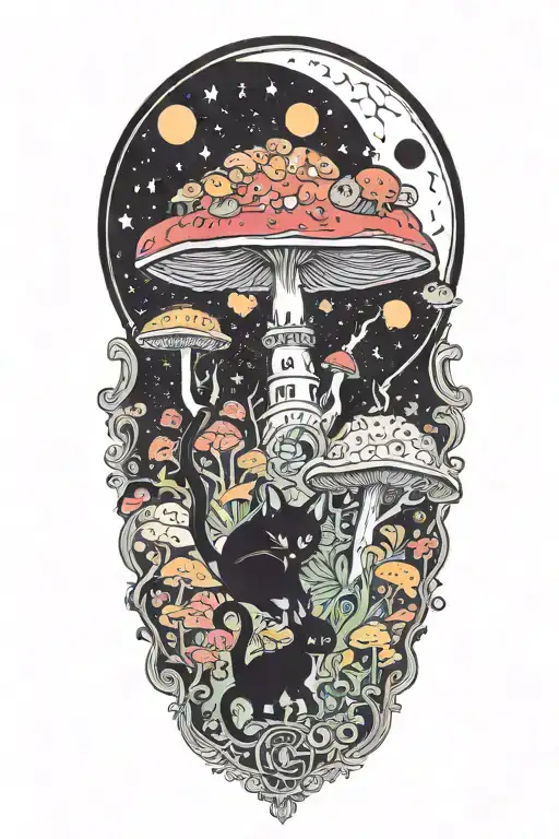 Black Cat And Trippy Colorful Mushrooms With Moon Melting