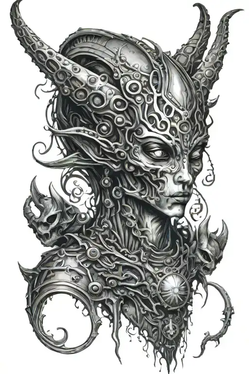 Alien Warrior With Third Eye And Horns Surrounded By Alien Like Creatures