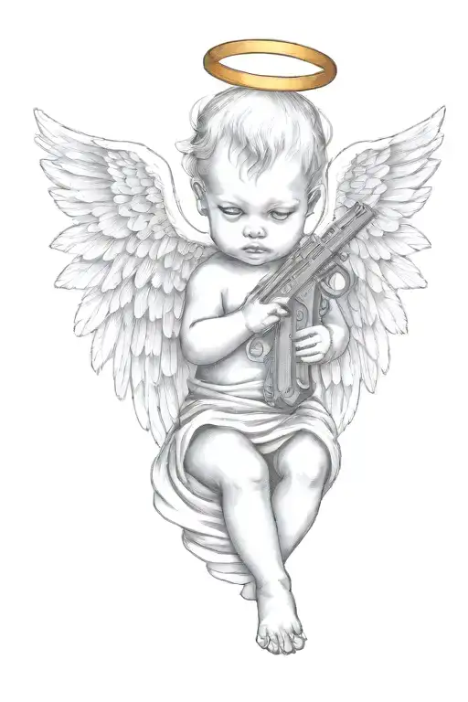 Baby Angel With Wings Wrapped While Holding Mack 10 Machine Gun