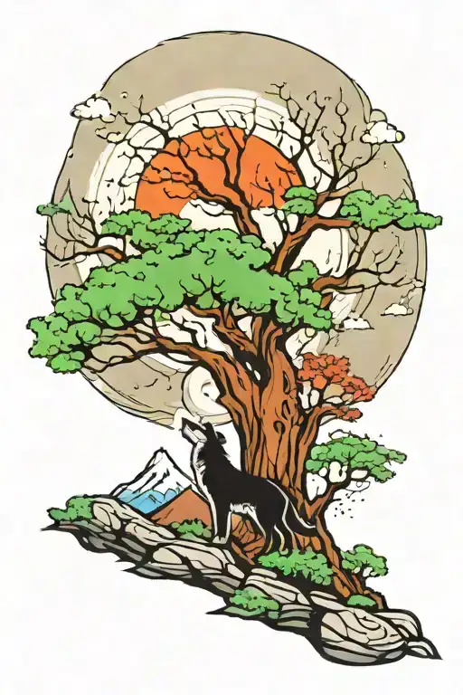 Oak Tree With Mountains In Background And Wolf Howling At The Moon