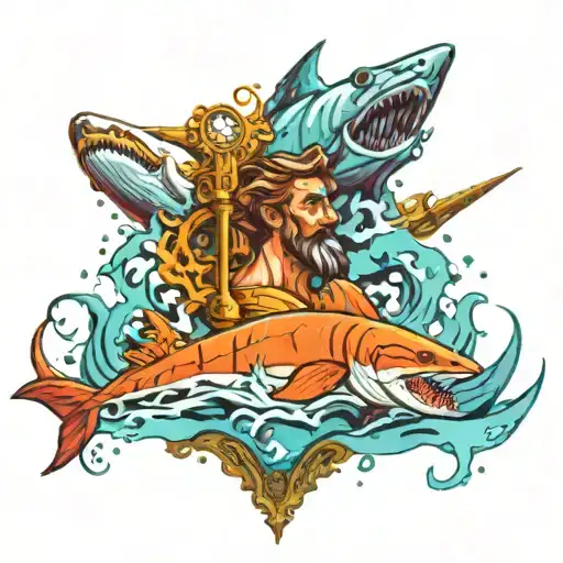Poseidon In The Water With Sturgeon Swimming With Sharks In The City Add A Hour Glass And Compass