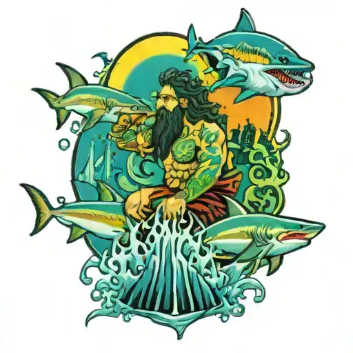 Poseidon In The Water With Sharks And San Fransisco City