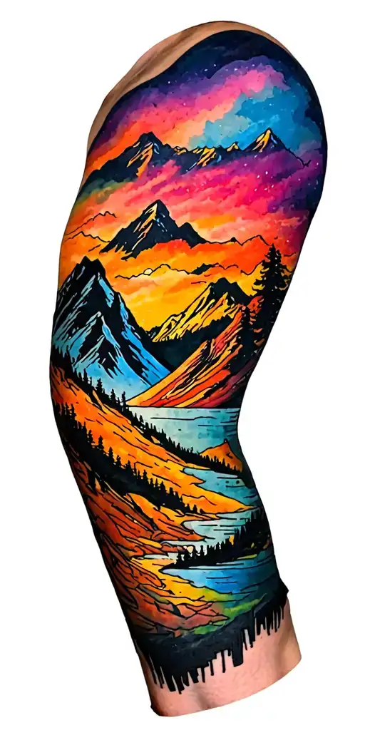 Full Sleeve Tattoo Featuring Mountain Outlines