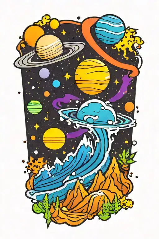 Mountains Leading Into Space With Planets Dripping