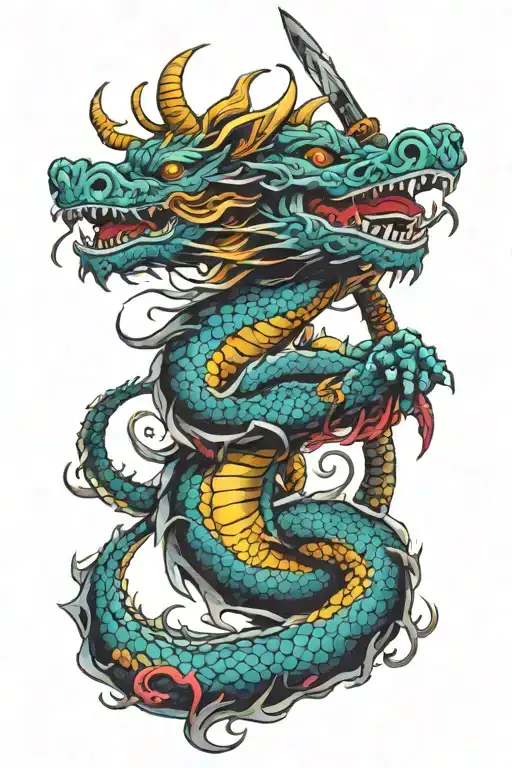 A Japanese Dragon Holding A Katana In Its Paw