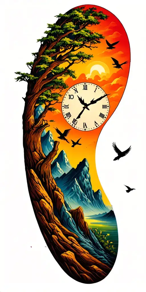 Moutains Tree Clock Birds Flying