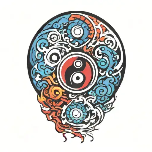 Red Yin Blue Yang Symbol On Fire Tattoo