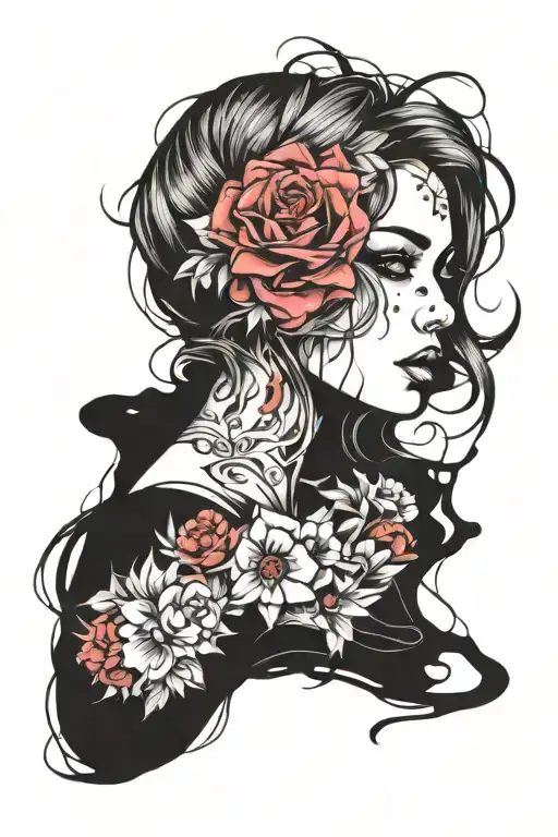 Sketch Of A Tattoo With A Girl In A Dark Style Tattoo Color Black