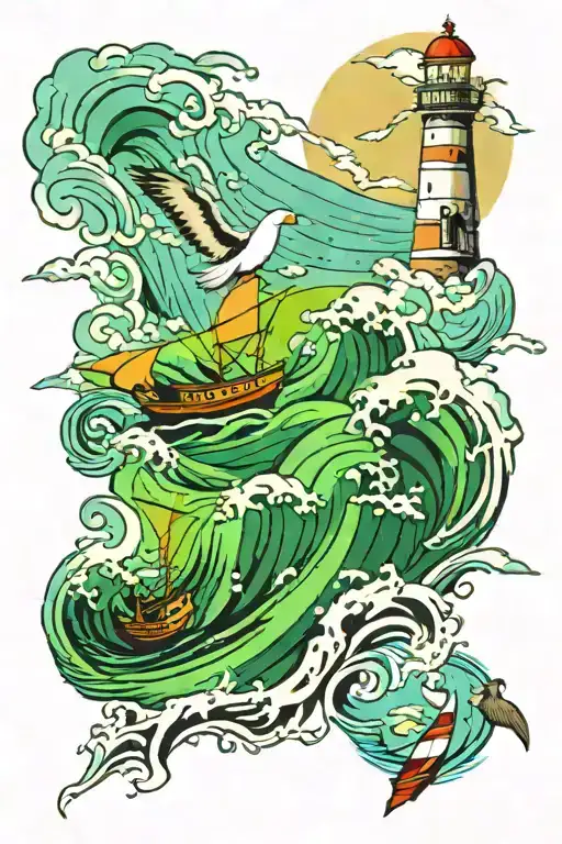 Sea Landscape Wave Crashing Lighthouse Boat Sailing Seagull In The Sky