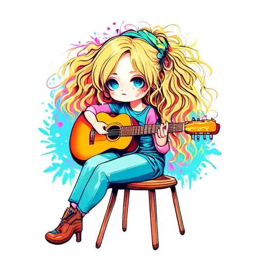 Blonde Chibi Girl With Messy Hair Playing Acoustic Guitar