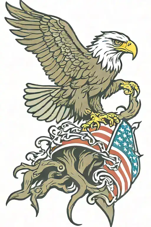 American Flag And Eagle Perched