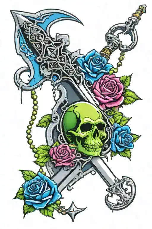 Dagger Surrounded By Rosary And Roses Growing