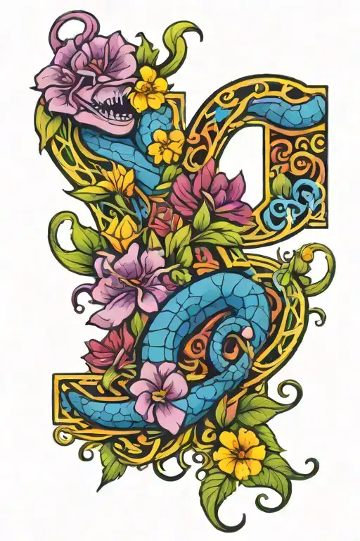 Letter D With Snake And Flowers