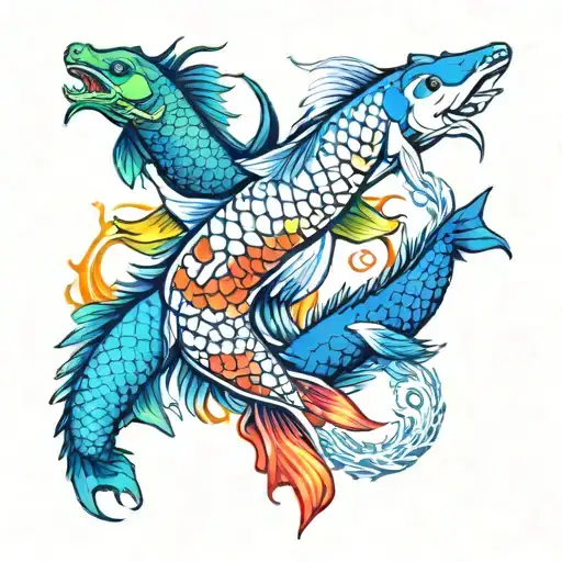 Along The Spine Tattoo Of 2 Koi Fish And 1 Dragon And Phoenix In A Ying Yang Shape