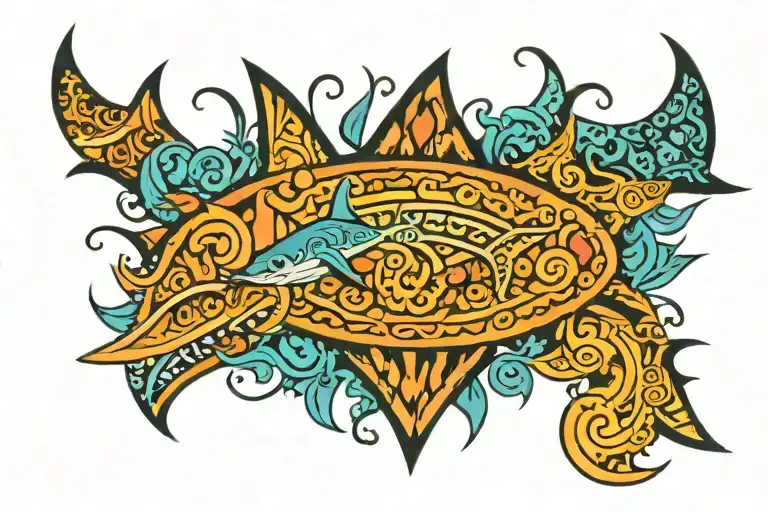 Polynesian Tattoo Of Pie Surrounded By The Ocean And Shark Teeth And Tortoise Shell
