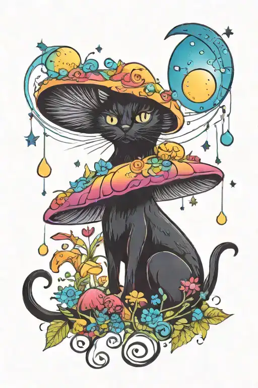 Colorful Mushroom Black Cat With Sun And Moon