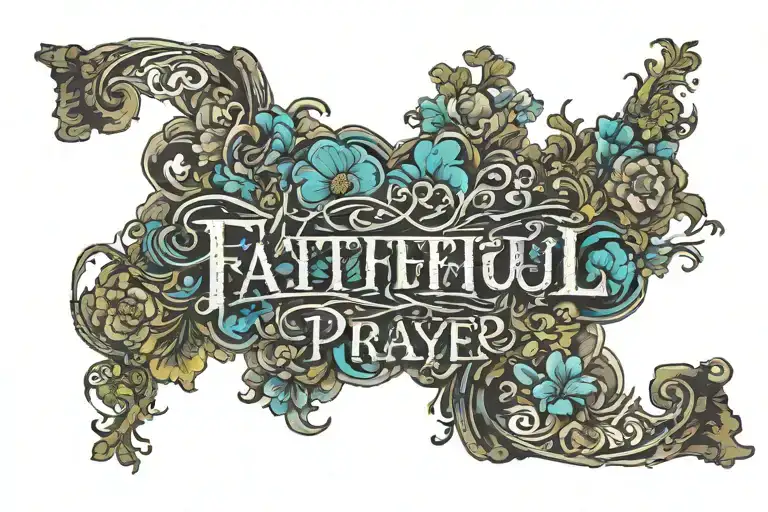 Words Faithful In Prayer Written Inside A Banner Surrounded By Clouds And Flowers