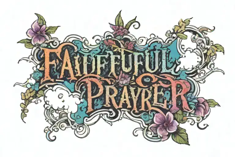 Words Faithful In Prayer Written Inside A Banner Surrounded By Clouds And Flowers