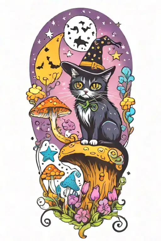 Witch Cat With Moon And Stars And Colorful Mushrooms And Bats