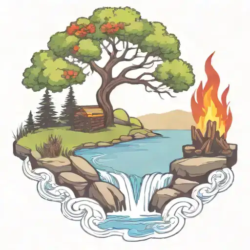 A Rowan Berry Tree And A Campfire Beside A River Waterfalling Down The Front