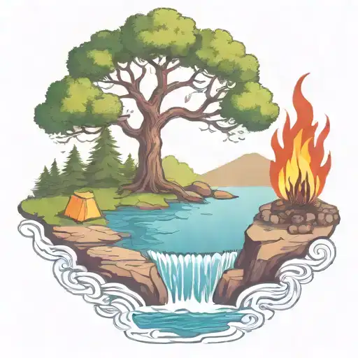 A Rowan Berry Tree And A Campfire Beside A River Waterfalling Down The Front