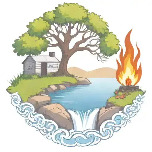 A Rowan Berry Tree And A Campfire Beside A River Waterfalling Down The Front